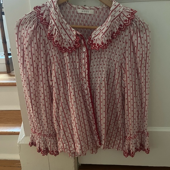 Doen Tops - Doen Crimson and Ivory Patterned Embroidered Top